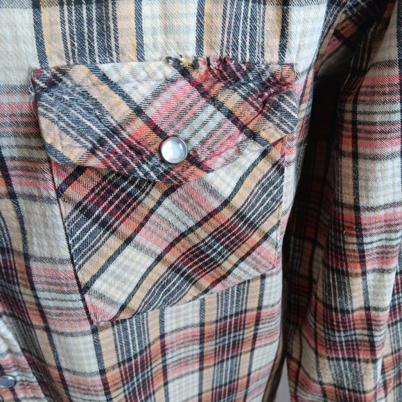 Men's XL Vintage Flannel Western Shirt 1980's Plaid Snap Lariat Hong Kong - Picture 5 of 8